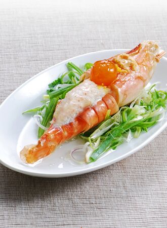 Asian cuisine steamed shrimp with stuffed meat and vegetablesの写真素材