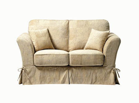 Contemporary sofa with floral pattern isolated on white backgroundの写真素材