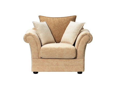 Contemporary sofa with floral pattern isolated on white backgroundの写真素材