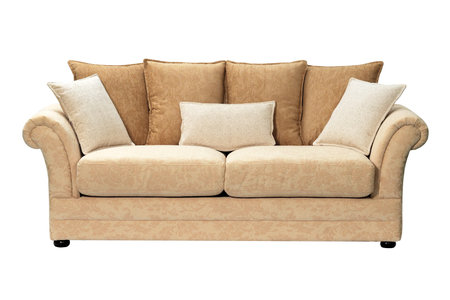 Contemporary sofa with floral pattern isolated on white backgroundの写真素材