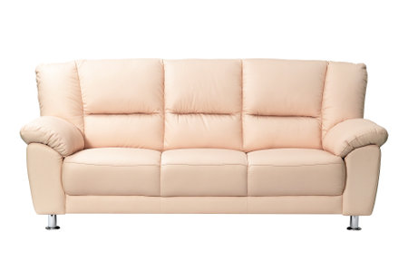 Stylish beige leather sofa on white backgroundの写真素材