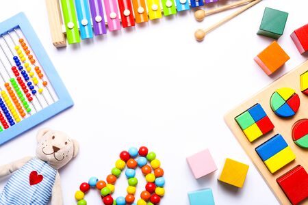 Colorful kids toys on white background, top viewの写真素材