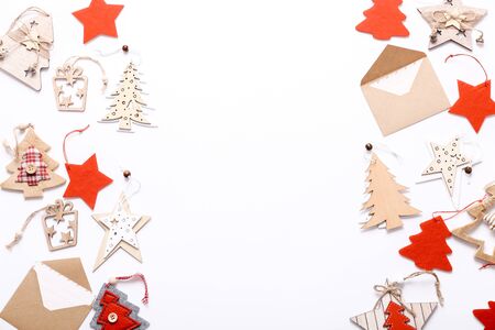 Christmas wooden toys on white backgroundの写真素材