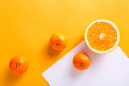 Sliced orange and tangerines on bright background