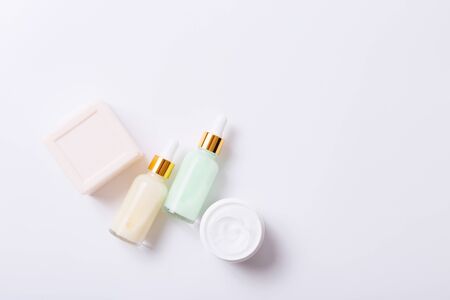 Herbal dermatology cosmetic skincare product in glass jar on white backgroundの写真素材