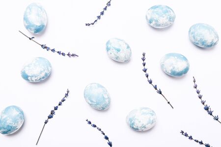 Happy Easter background. Easter eggs on white background, top viewの写真素材