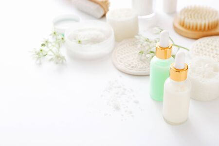 Natural cosmetic skincare bottle containers on white background.の写真素材