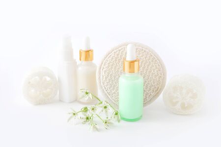Natural cosmetic skincare bottle containers on white background.の写真素材