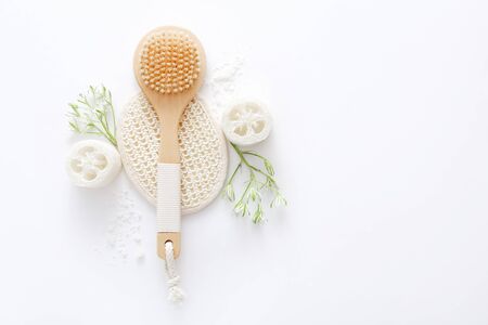 Top view of natural skincare and spa cosmetic products on white background.の写真素材