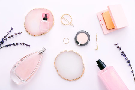 Cosmetic set on white surface. Beauty concept
