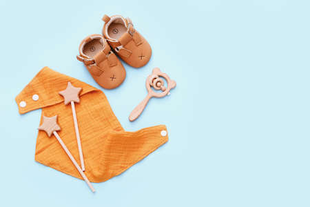 Set of baby stuff and accessories on light blue background. Baby shower concept. Fashion newborn. Flat lay, top viewの写真素材