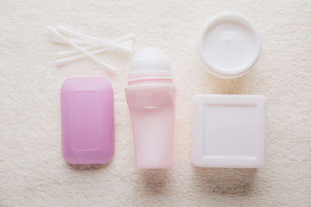 Bath accessories on towel background, top viewの写真素材