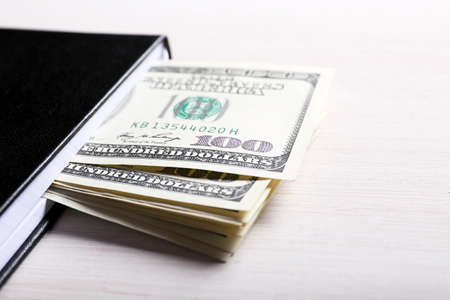 Dollars in notebook on light wooden backgroundの写真素材