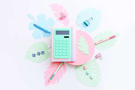 Flat lay of stationery on white background, copy spaceの写真素材