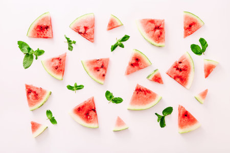Watermelon pieces pattern on white background with mint leaves. Top viewの写真素材