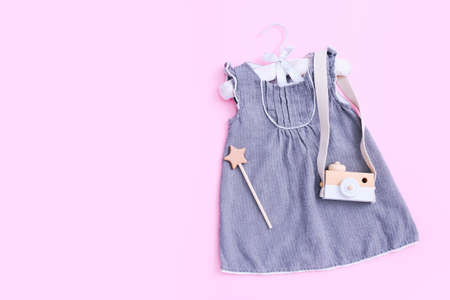 Fashion trendy look of baby girl clothes and toy stuff. Baby fashion conceptの写真素材