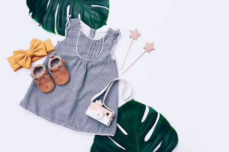 Fashion trendy look of baby girl clothes and toy stuff. Baby fashion conceptの写真素材