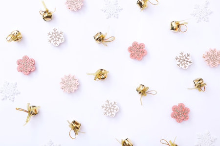 Christmas and New year pattern composition. Christmas decorations on white background. Flat lay, top...