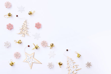 Christmas and New year composition with empty place for text. Christmas decorations on white background. Flat lay, top viewの写真素材