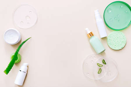 Natural herbal skin care products on light beige background. Aloe vera products. Top viewの写真素材
