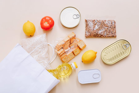 Set of grocery items from canned food, vegetables, cereal. Food delivery concept. Donation concept....