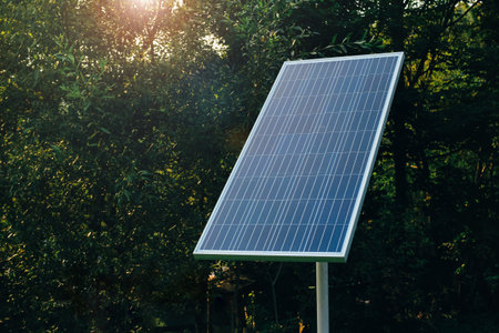 Solar battery on the trees background. Modern alternative environmentally friendly energy sources.の写真素材