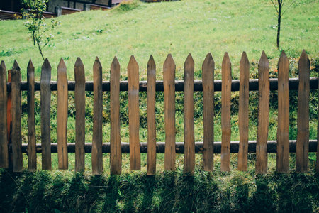 Village fence background. Rustic wooden property border.の写真素材