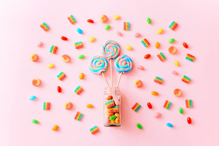Colorful lollipops swirls on sticks in glass bottle. Striped spiral multicolored candy on pink...