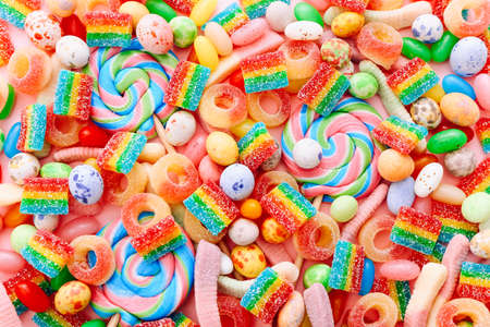Mixed collection of colorful candy, close up. Flat lay, top viewの写真素材