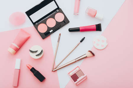 Female accessories for make up. Beauty concept. Top viewの写真素材