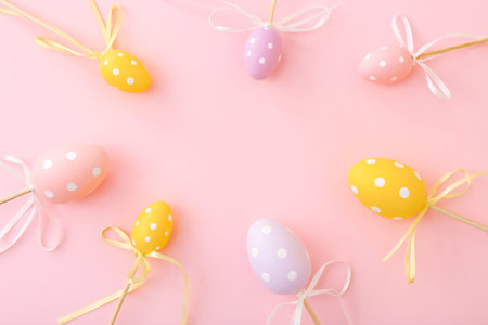Colorful Easter eggs on sticks on pink background. Festive Easter holiday greeting card with copy...