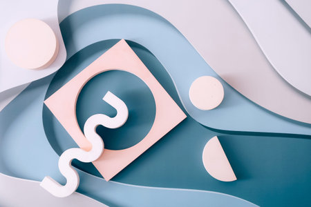 Abstract empty geometric shape podiums for product presentation on colorful layers background. Top...