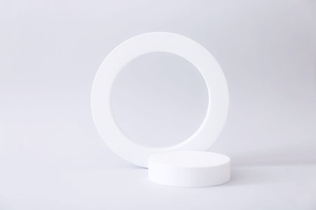 Geometric shapes podiums for product display on grey background. Stand for product promotion in minimal style.の写真素材