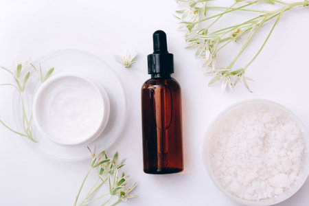 Natural cosmetic skincare bottle on light background. Natural beauty