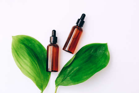 Natural cosmetic skincare bottle containers on light background. Natural beautyの写真素材