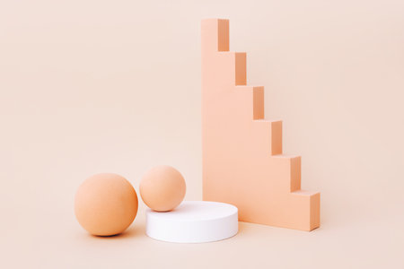 Podium or platform for product presentation on beige background.の写真素材