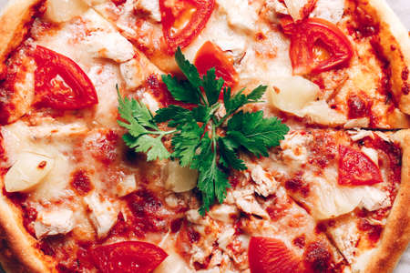 Background of tasty pizza. Close up. Top viewの写真素材