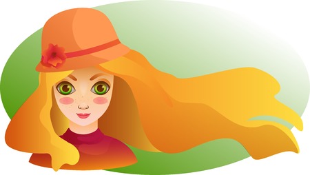 Cartoon drawn portrait of beautiful smiling girl with streaming blond hair in a cute hatのイラスト素材