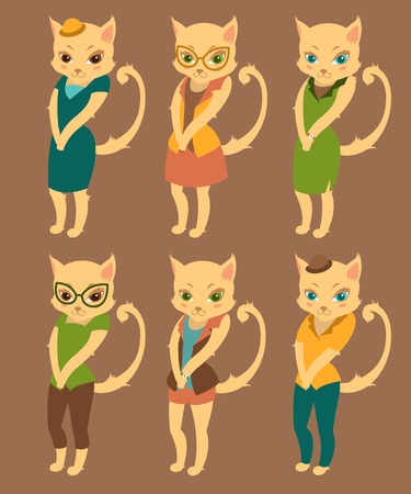 Cartoon illustrated set of cute cats in retro style clothesのイラスト素材