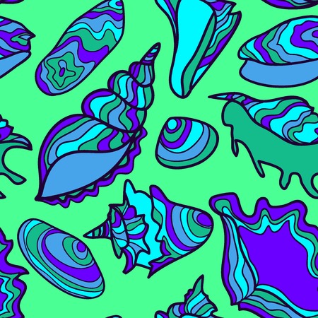 Colorful vibrant seamless pattern with seashells isolated on greenのイラスト素材