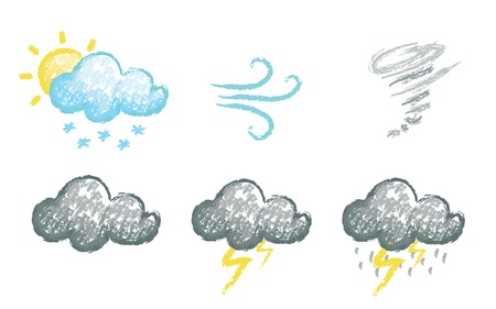 Set of hand drawn chalk stylized weather icons isolated on whiteのイラスト素材