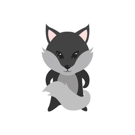 Flat vector cartoon illustration of cute wolf posing isolated on whiteのイラスト素材