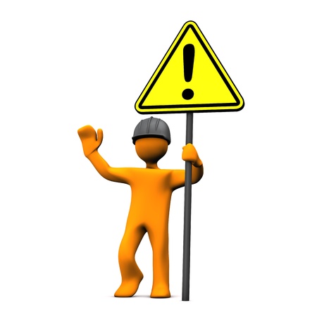 Orange cartoon character with hardhat and attention sign.の写真素材