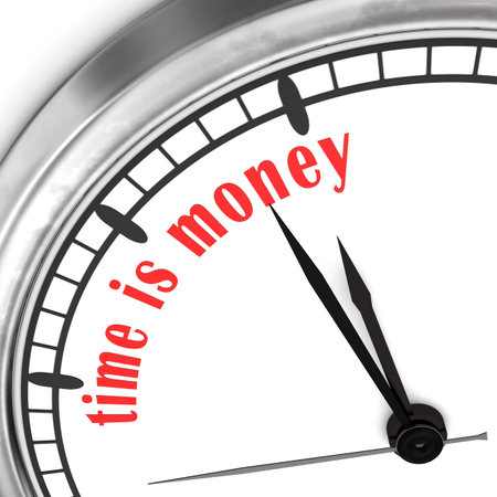 A clock with the text  time is money  on the white wall 