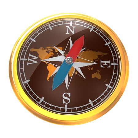 Golden compass with glass and world map  White background の写真素材