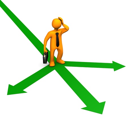 Orange cartoon character on the green arrows and black tie and black case  White background の写真素材