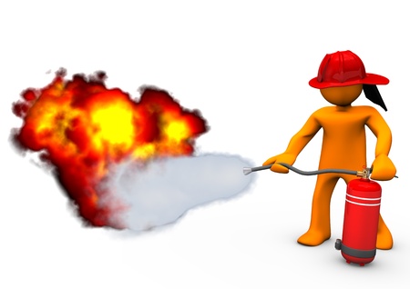 Orange cartoon character blows out the fire with extinguisher.の写真素材
