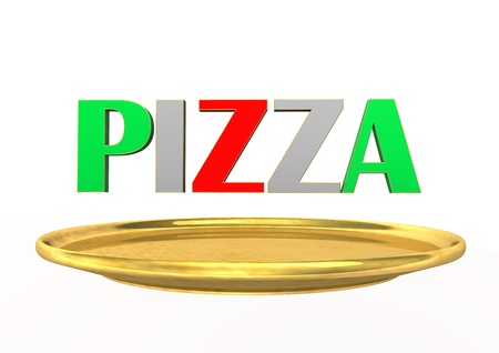 Italian text  PIZZA  with golden plate  White background の写真素材