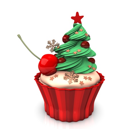 A christmas cupcake with green tree and cherry.の写真素材