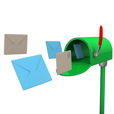 Green mailbox with letters on the white background.の写真素材